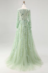 Dusty Sage V-Ausschnitt Spitze Tüll Abendkleid mit langen Ärmeln